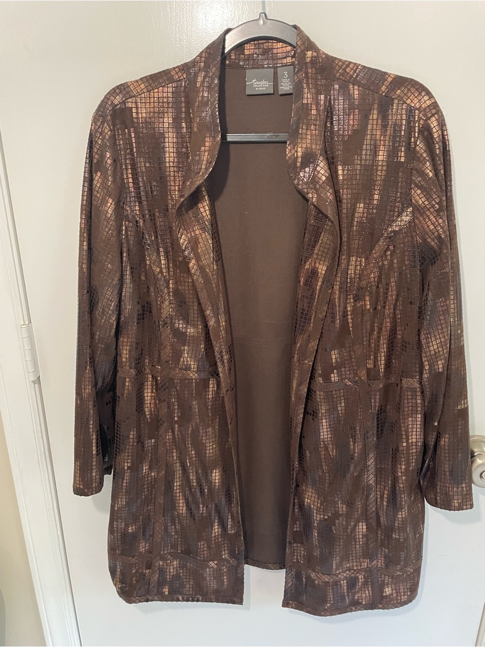 Chico's Open-Front Brown Metallic Print Jacket,business casual to night out.XL